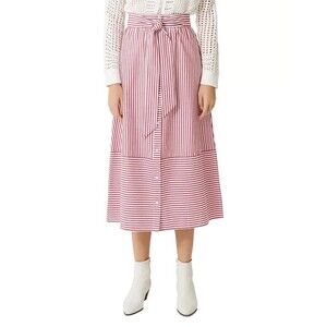 MAJE Jousse Midi Skirt Red/White Striped Tie-Front Cotton Button Preppy 38/US M